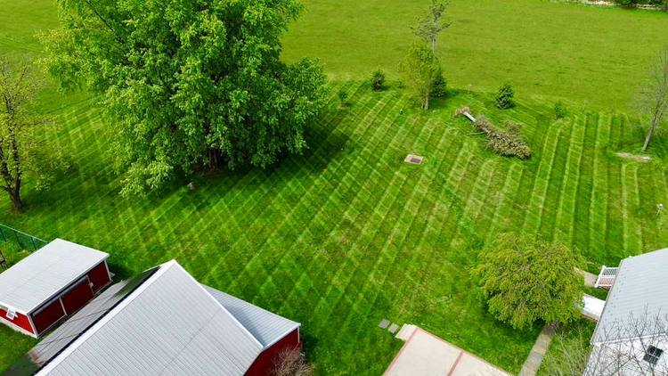 Aerial view of a freshly mowed lawn in Gaithersburg, Maryland